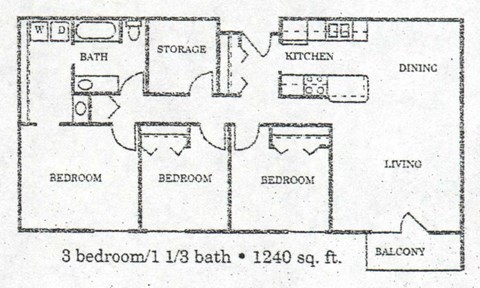 Floor plan for 3 beds, 1 bath, 1290 sqft